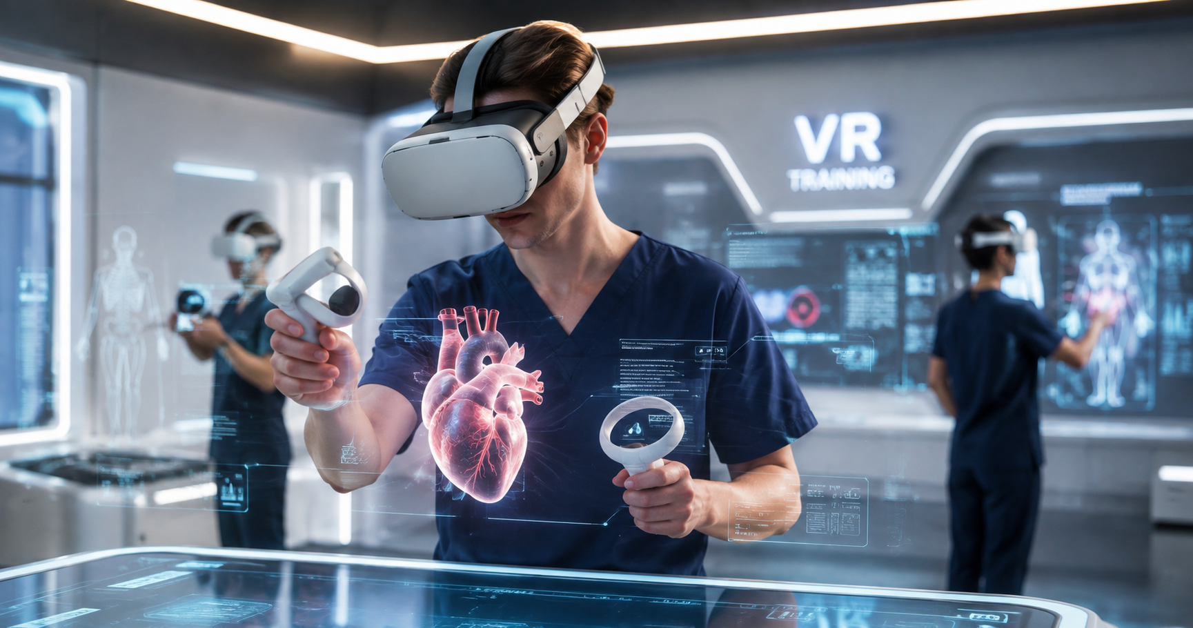 Врач в VR-очках изучает 3D-модель сердца